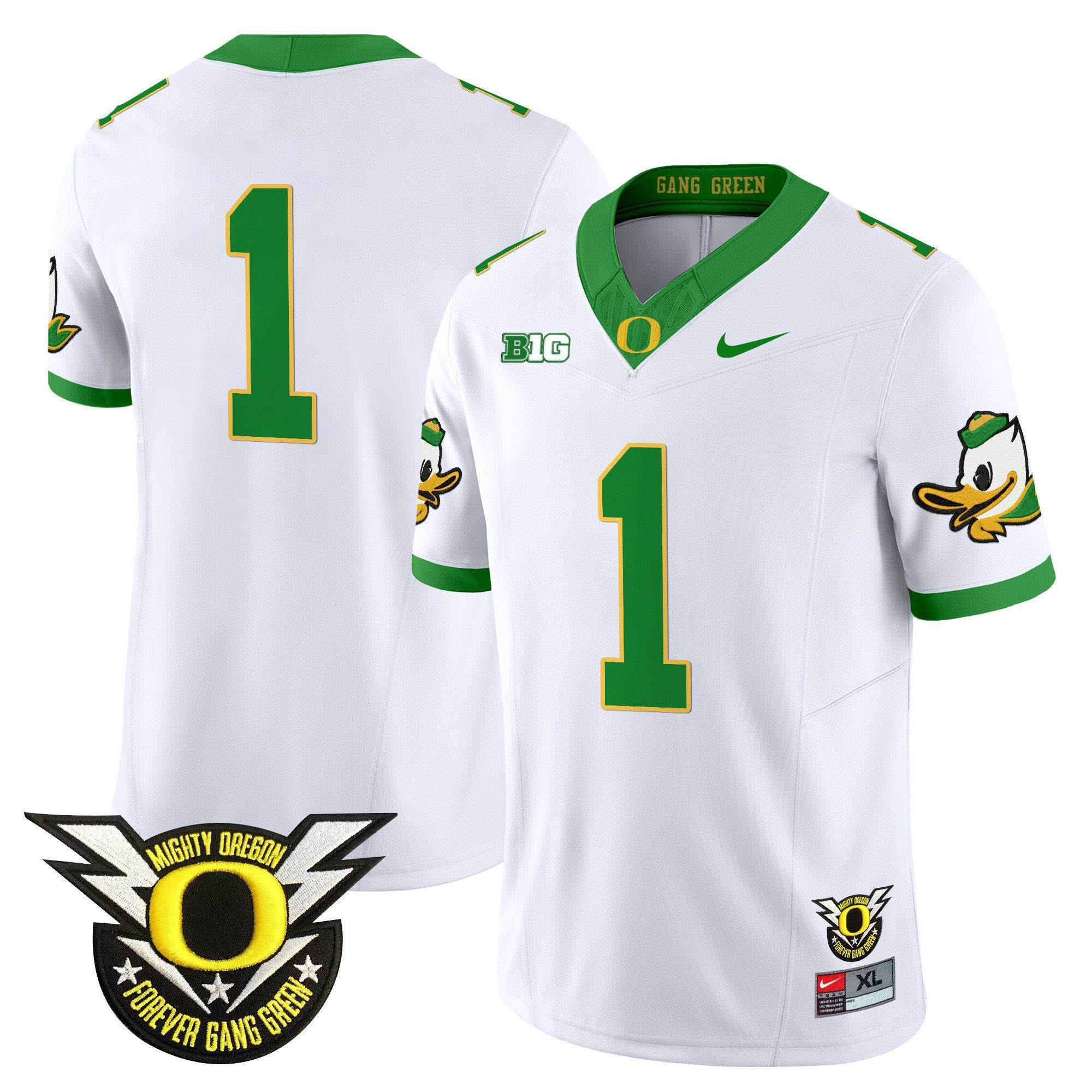 Men Oregon Ducks #1 No Name White 2024 Nike Forever Gang Green & BIG Patch Vapor Limited NCAA Jersey->ncaa teams->NCAA Jersey